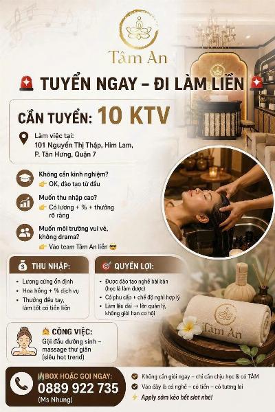 Tâm An spa tuyển kỹ thuật viên gội đầu dưỡng sinh làm tại Q7