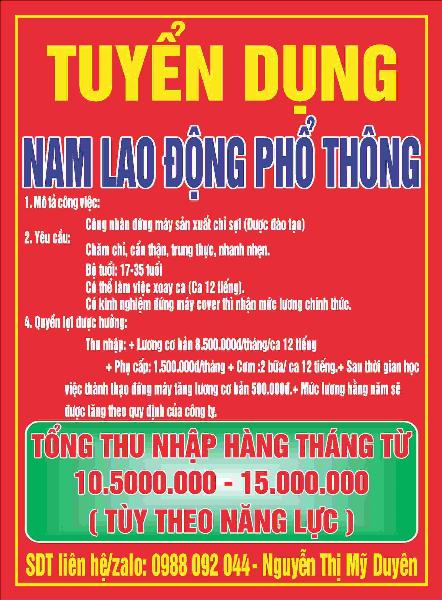 Tuyển Nam lao động phổ thông đứng máy sản xuất chỉ sợi 