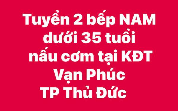Tuyển 2 bếp NAM dưới 35 tuổi nấu cơm tại KĐT Vạn Phúc Thủ Đức