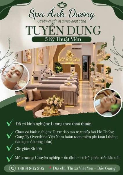 ÁNH DƯƠNG SPA cơ sở 4 tại Bắc Giang cần tuyển 5 KTV SPA đi làm ngay 