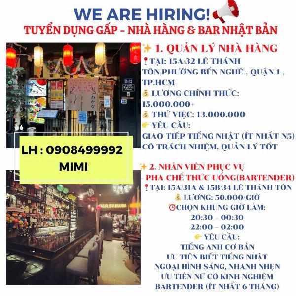 NHÀ HÀNG Q1 TUYỂN QUẢN LÝ NHÀ HÀNG - NV PHA CHẾ & PHỤC VỤ 