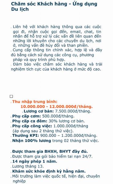 Tuyển CSKH về ứng dụng du lịch làm việc hoàn toàn bằng tiếng Anh
