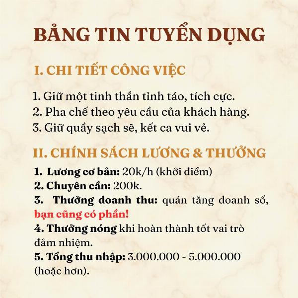 Tuyển NV Partime hoặc Fulltime bán quầy nước mang đi tại Dak Lak