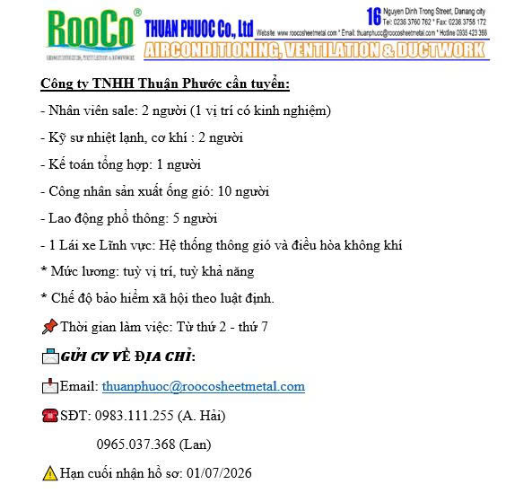 Tuyển NV Sales, Kỹ sư cơ khí, kế toán, công nhân làm ở Đà Nẵng