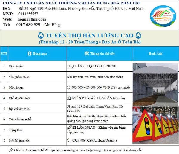Cty chuyên thi công mái bạt tuyển thợ hàn BAO ĂN Ở làm tại Hà Nội