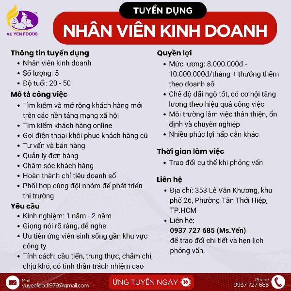 VŨ YẾN FOOD tuyển NVKD tư vấn bán hàng làm tại Q12 