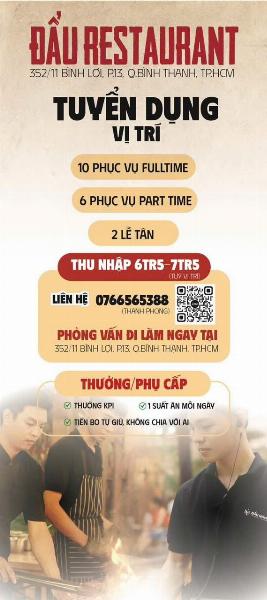 NHÀ HÀNG ĐẨU Bình Thạnh tuyển order, tạp vụ, lễ tân và các vị trí