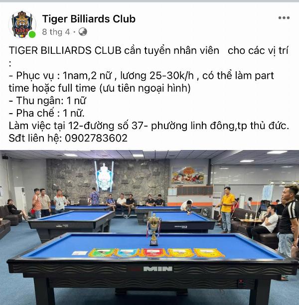 TIGER BILLIARDS tuyển phục vụ nam nữ, thu ngân & pha chế 