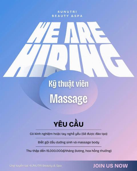4UNUTRI SPA Gò Vấp tuyển gấp KTV massage body, gội đầu dưỡng sinh