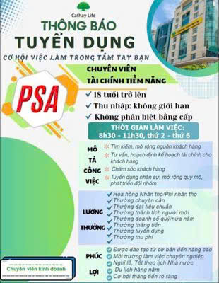 CATHAY LIFE Tuyển NVKD ko YC kinh nghiệm làm tại Bình Dương