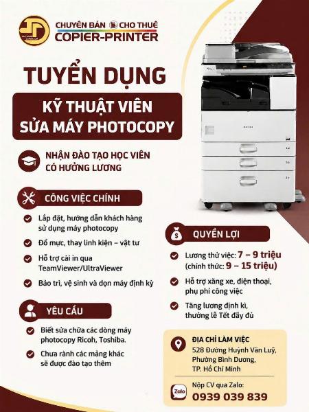 Tuyển KTV sửa máy photocopy làm tại Bình Dương