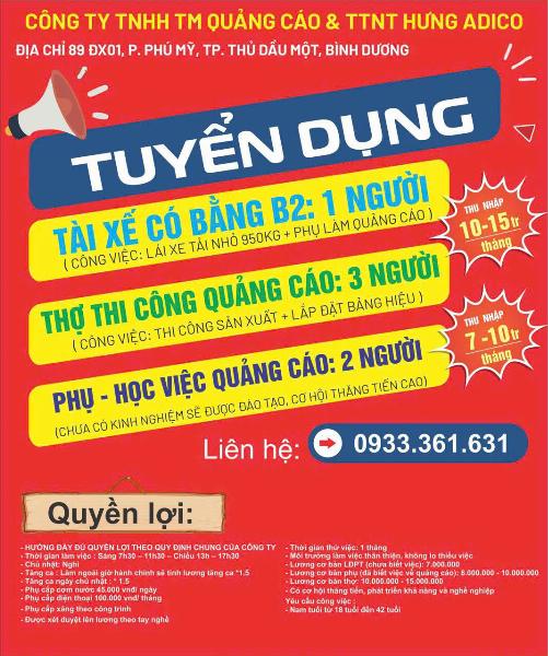Tuyển 1 tài xế bằng B2 , thợ thi công QC & thợ phụ học việc QC 