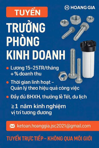 Tuyển trưởng phòng KD mặt hàng bulong, đinh ốc, máy lọc..