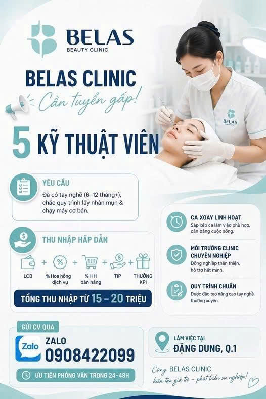 BELAS BEAUTY CLINIC tuyển KTV da, trị liệu, lấy mụn, massage