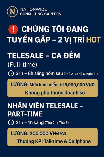 Tuyển nhân viên telesales ca đêm & NV ca partime 