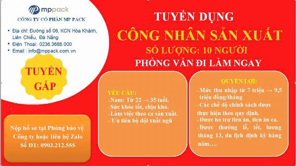 CTY CỔ PHẦN MP PACK tuyển 10 công nhân sản xuất làm Đà Nẵng