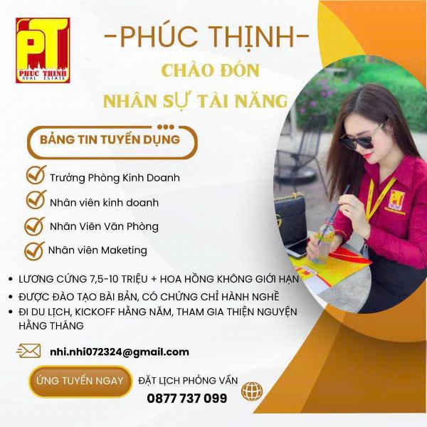 ĐỊA ỐC PHÚC THỊNH tuyển NVKD, TPKD, marketing & NV văn phòng