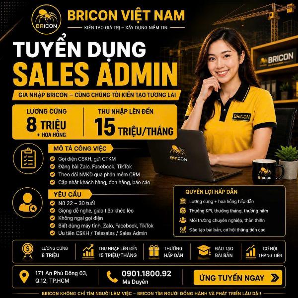 CTY BRICON tuyển NỮ NV Kinh Doanh CSKH làm tại Q12 