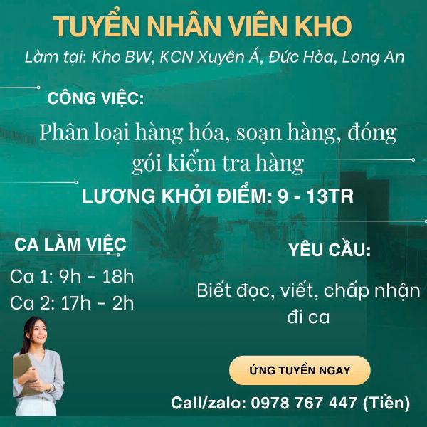 Tuyển NV kho - Phân loại, soạn hàng, đóng gói làm Long An 