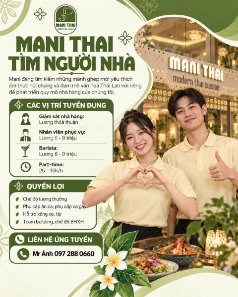 MANI THÁI tuyển giám sát, barista & phục vụ ở HN 