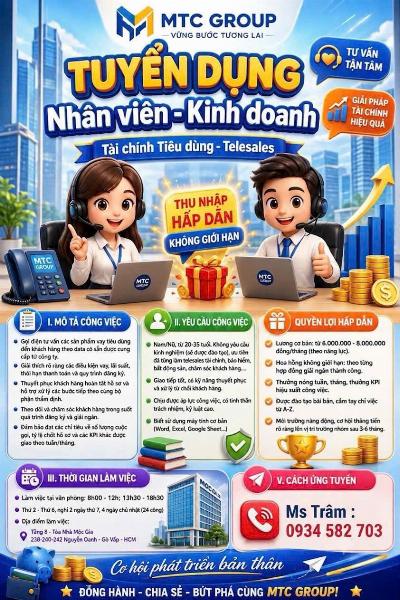Tuyển NV telesales tài chính tiêu dùng làm ở Gò Vấp 
