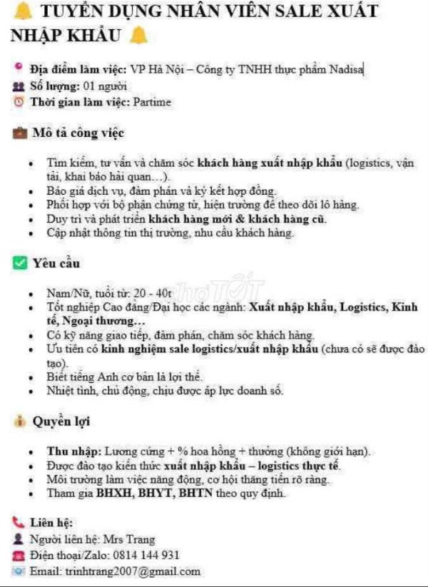Tuyển nhân viên sales xuất nhập khẩu làm tại Hà Nội
