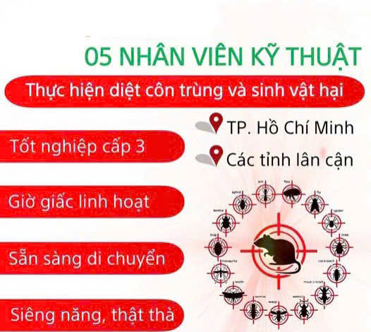 Tuyển 5 LĐPT làm kỹ thuật viên diệt côn trùng không YC kinh nghiệm
