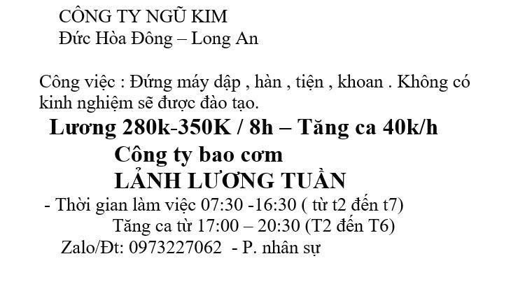CTY NGŨ KIM tuyển LĐPT đi làm ngay tại Long An 