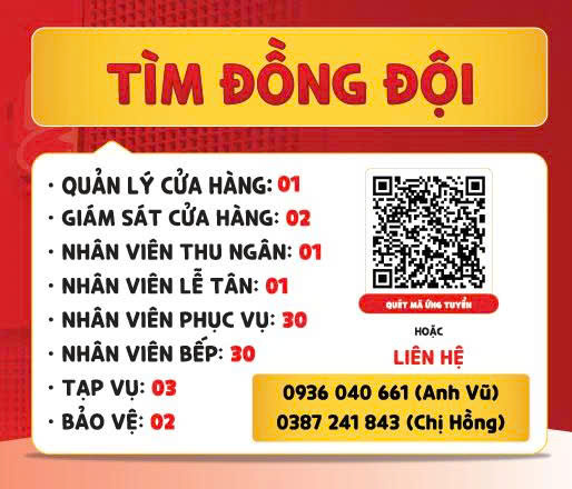 Tuyển QL, giám sát, thu ngân, lễ tân, phục vụ, bếp, tạp vụ & bảo vệ