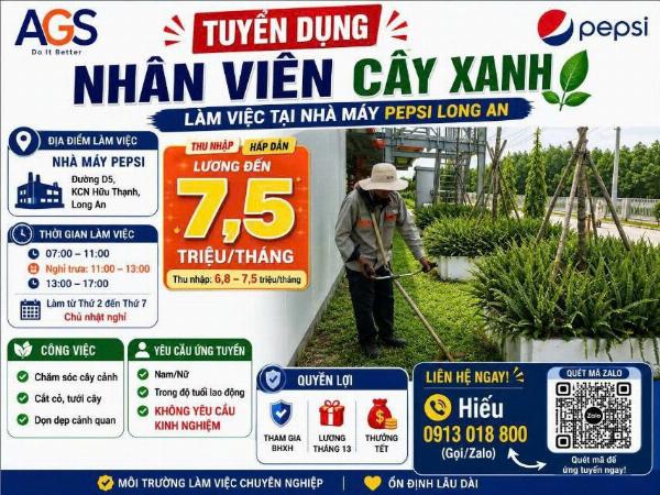 Tuyển nhân viên cây xanh làm việc tại nhà máy Pepsi