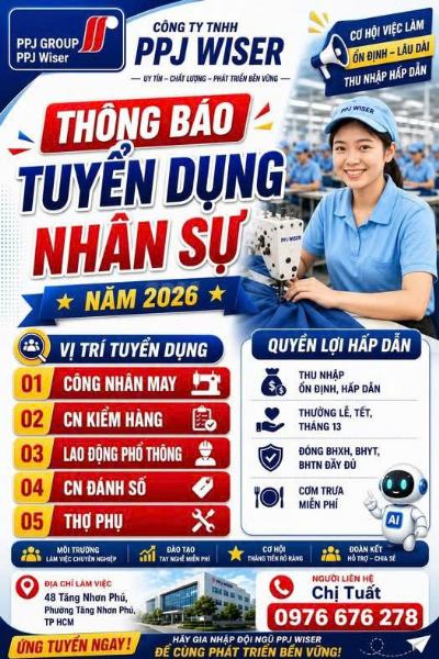 Tuyển CN may, KCS, LĐPT, thợ phụ, lấy mẫu... làm ở Thủ Đức
