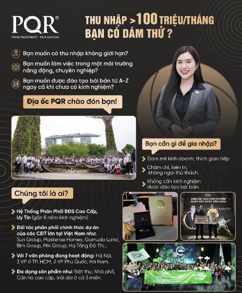 BẤT ĐỘNG SẢN PQR tuyển 20 NVKD làm tại khu đô thị Sala Q2