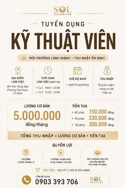 SOL Massage Spa tuyển KTV đi làm ngay Q1