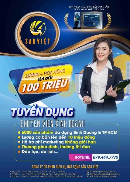 BĐS SAO VIỆT tuyển nhân viên Kinh Doanh làm tại Dĩ An Bình Dương 