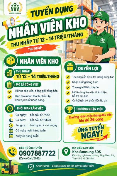 GREEN HUMAN Tuyển nhân viên kho làm xoay ca 