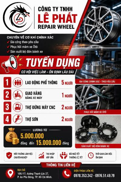 Tuyển LĐPT, Giao hàng xe máy, thợ CNC , thợ sơn