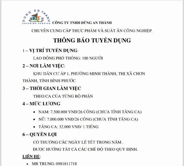 Tuyển LĐPT, bếp chính, bếp phụ, QC & các vị trí khác làm ở Bình Phước