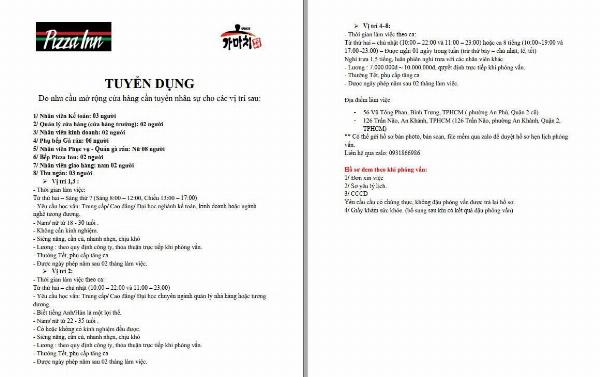 PIZZA INN tuyển kế toán, QL, NVKD, phụ bếp & các vị trí khác ở Q2 (cũ)