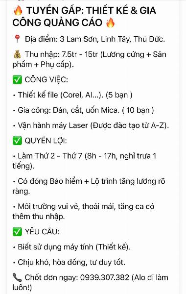Tuyển gấp nhân viên thiết kế và gia công quảng cáo tại Thủ Đức