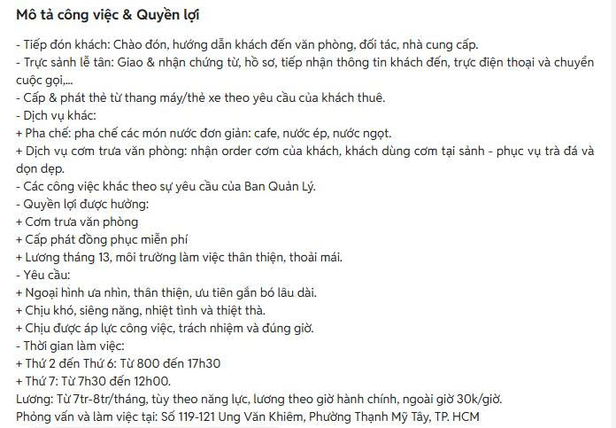 Tuyển nữ lễ tân và bảo vệ nội bộ tòa nhà Bình Thạnh 