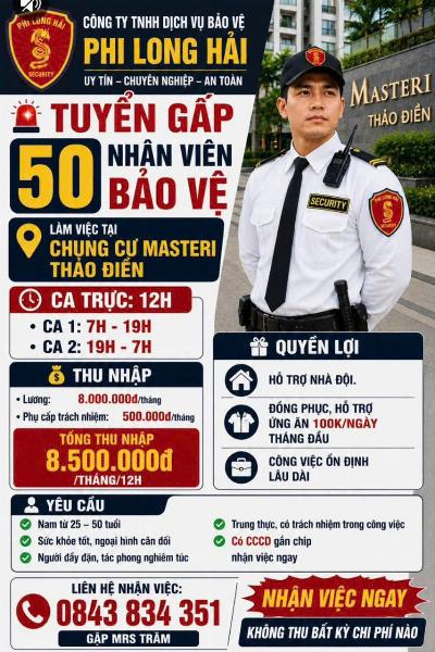 Tuyển 50 bảo vệ chung cư cao cấp Masteri Thảo Điền 