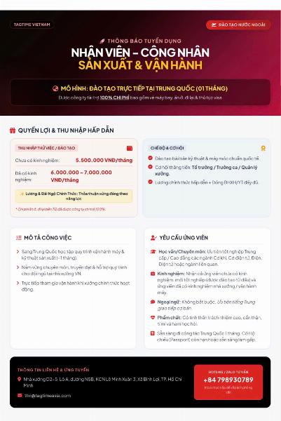 Tuyển công nhân sản xuất ưu tiên biết tiếng Trung