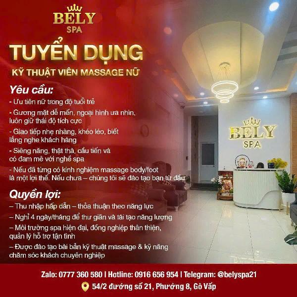 Bely Spa tuyển dụng KTV massage vuốt lướt AROMA làm tại Gò Vấp