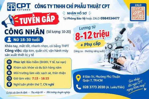CTY CHỈ PHẨU THUẬT CPT tuyển công nhân nữ