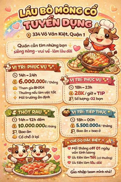LẨU BÒ MÔNG CỔ tuyển phục vụ, thớt rau, tiếp thực làm tại Q1