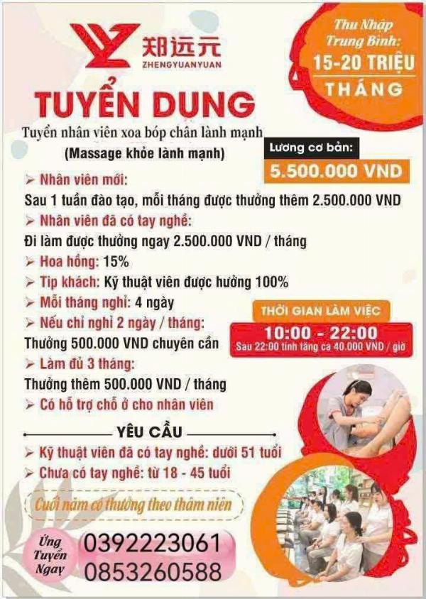 Tuyển NV massage chân lành mạnh làm khu vực TPHCM