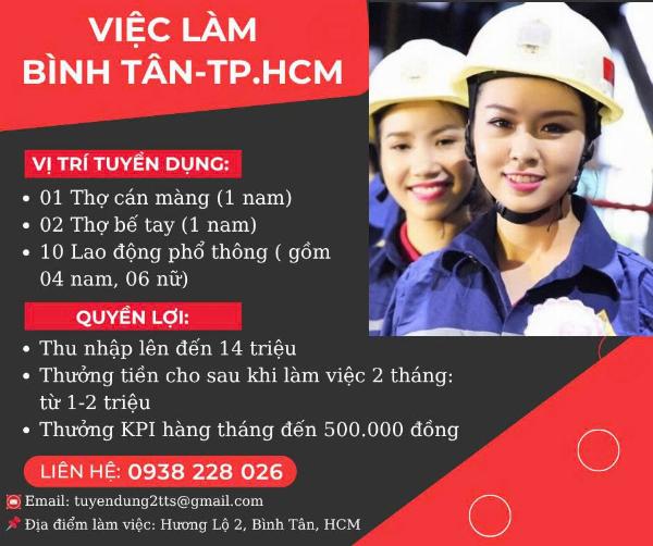 Tuyển NAM NỮ LĐPT làm tại xưởng Hương Lộ 2 Bình Tân